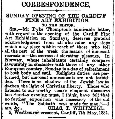 Sunday Opening Of The Cardiff Fine Art Exhibition South Wales Daily News 9th May 1884