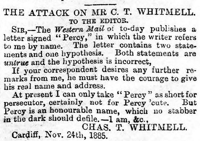 South Wales Daily News 25th November 1885 The Attack On Mr C. T. Whitmell