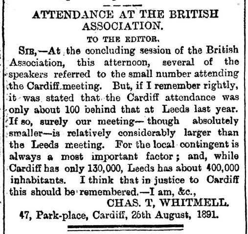 South Wales Daily News 27th August 1891 Attendance at The British Association