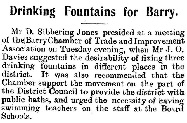 Drinking Fountains for Barry, Barry Herald 17th July 1896