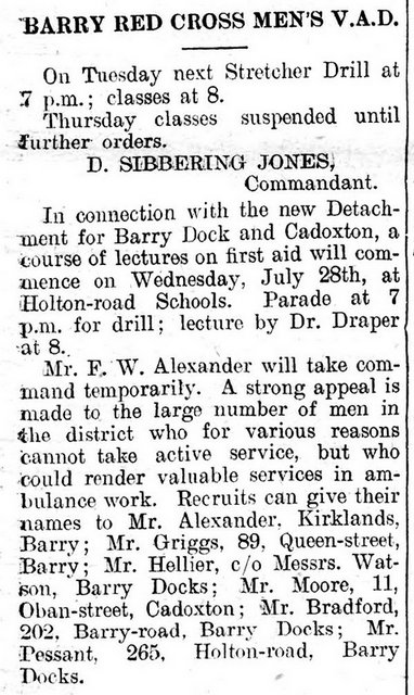 Barry Red Cross Men's V.A.D., Barry Dock News 23rd July 1915 