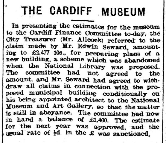 Cardiff Museum. Evening Express 10th March 1908