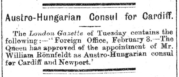 Austro-Hungarian Consul for Cardiff Evening Express 14th February 1894 