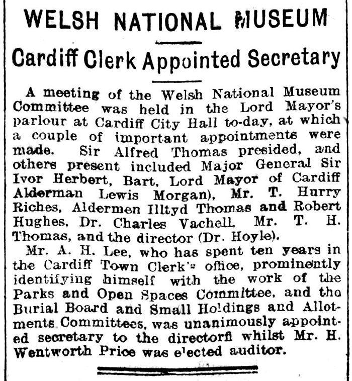 A.H. Lee's appointment to the Museum council, Evening Express 15th October 1909