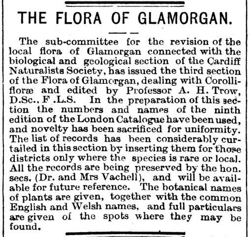 The Flora Of Glamorgan, The Cardiff Times 29th May 1909