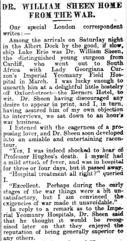 Dr. William Sheen Home From The War. Weekly Mail 17th November 1900