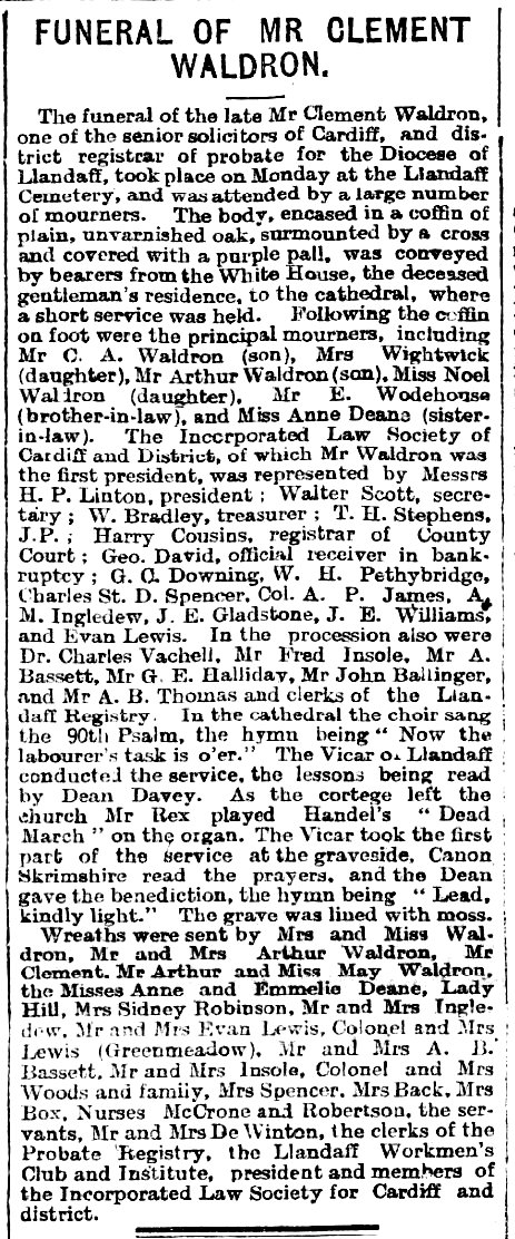 Clement Waldron Funeral,The Cardiff Times 22nd September 1906