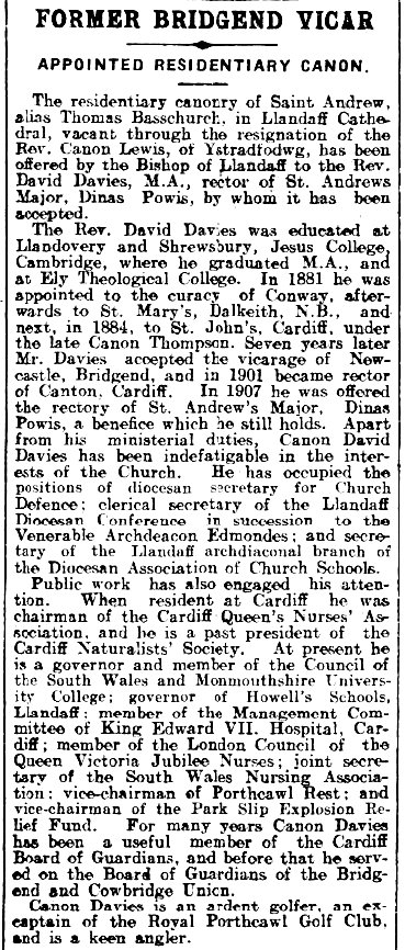 Former Bridgend Vicar Appointed Residentiary Canon The Glamorgan Gazette 3rd July 1914