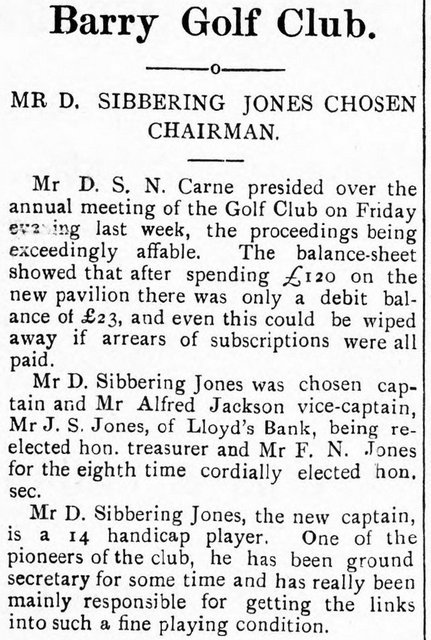 Barry Golf Club. Mr D. Sibbering Jones Chosen Chairman, Barry Herald 23rd October 1908