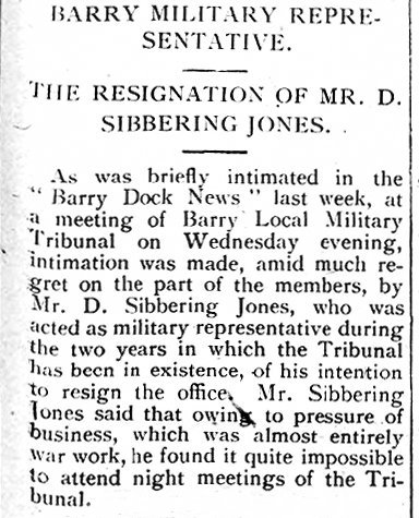 The Resignation Of Mr. D. Sibbering Jones, Barry Dock News 7th December 1917