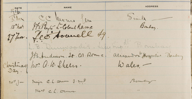 Extract from Visitors book, Welsh General Hospital (at Deolali, India), used under licence from the Wellcome Library 