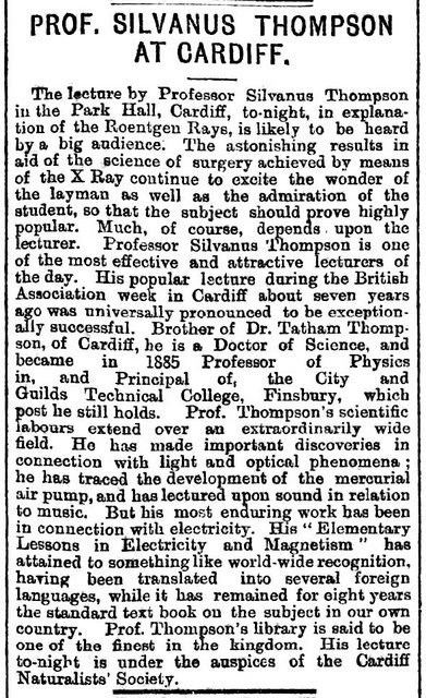 Prof. Silvanus Thompson At Cardiff South Wales Echo 17th March 1898