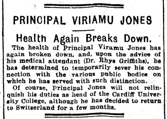 Principal Viriamu Jones Health Breaks Down, Evening Express 15th May 1901