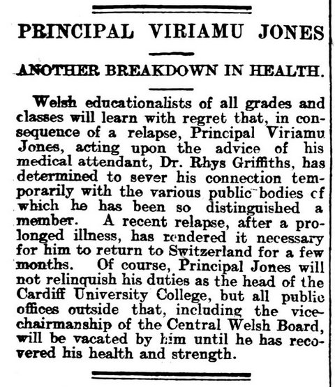 Principal Viriamu Jones Another Breakdown In Health, Weekly Mail 18th May 1901